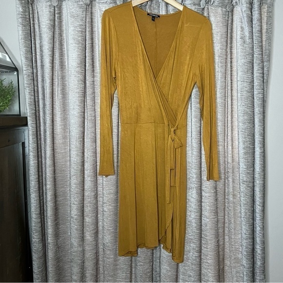 Express Mustard Yellow Long Sleeve Faux Wrap Dress Size Medium - Picture 3 of 16
